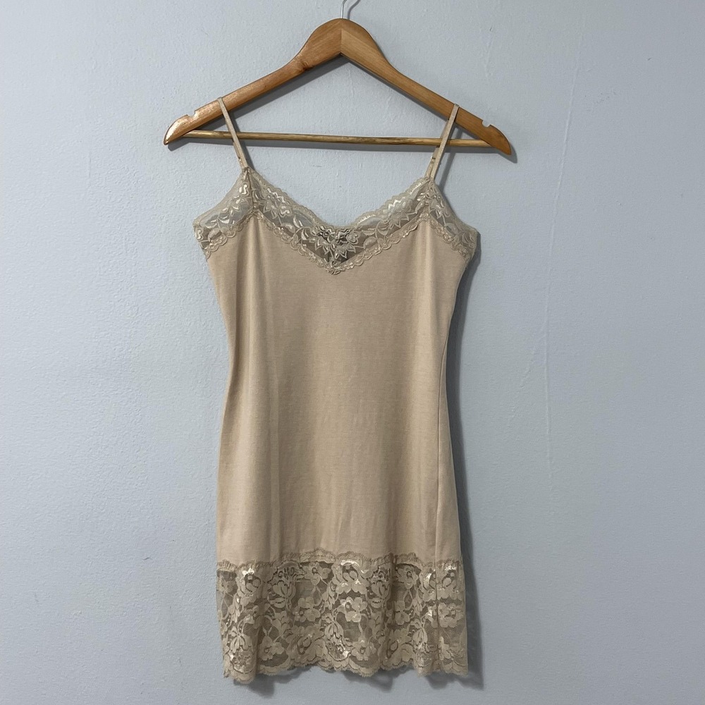 Y2k Wet Seal Camisole Women Large Beige Lace Trim‎ Slip Chemise Adjustable